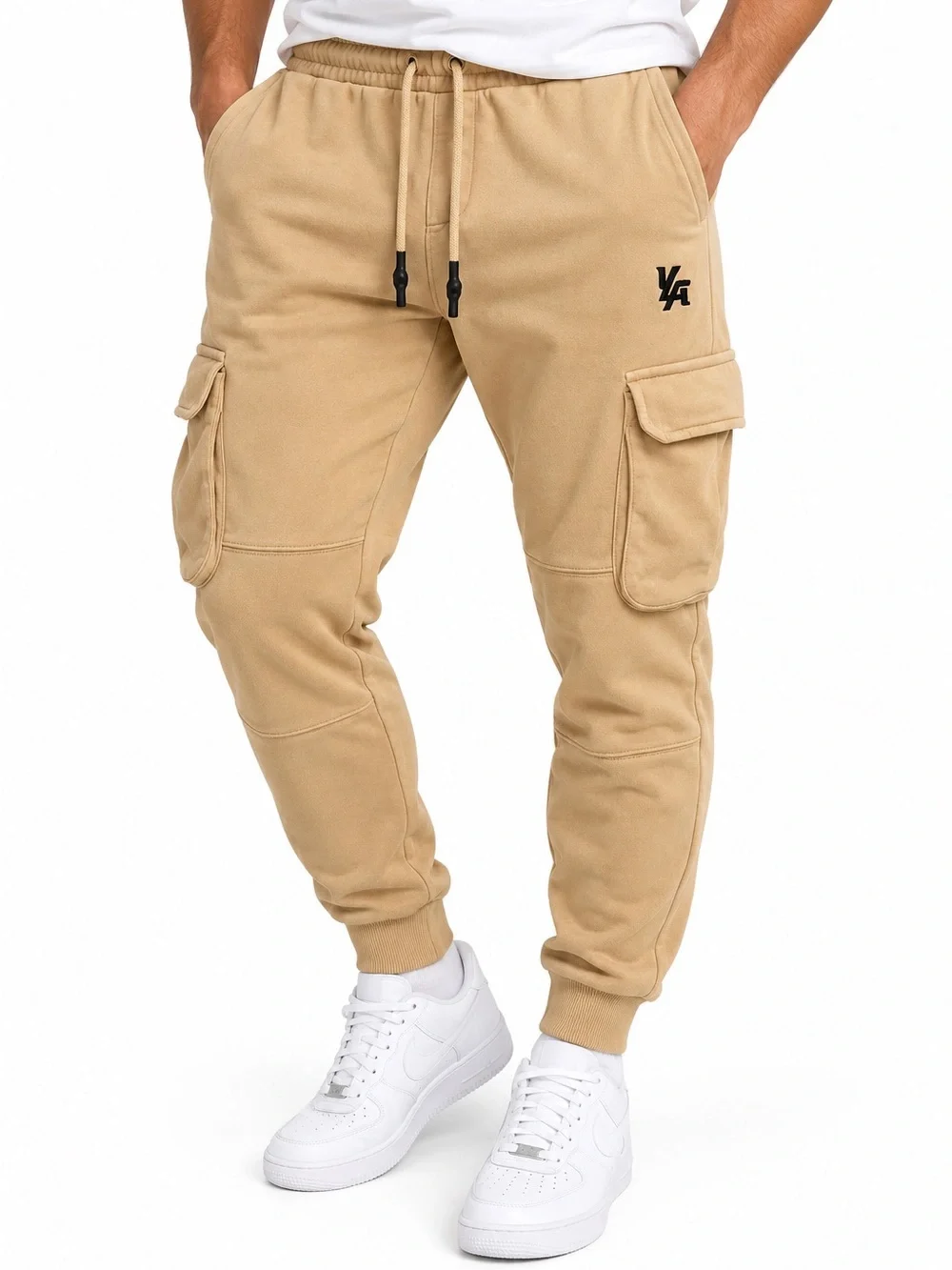 YoungLA Men’s Cargo Jogger Pants Medium Tan Beige Drawstring Athletic Streetwear